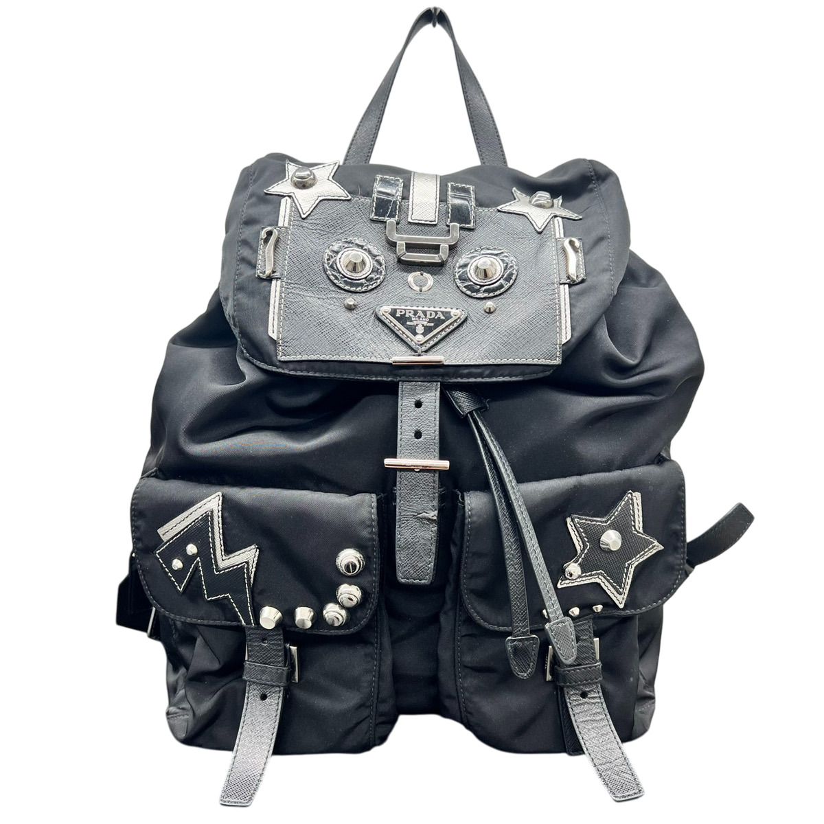 PRADA 希少 プラダ リュック テスートナイロン ロボット 1BZ811 ナイロン ブラック シルバー スタッズ バックパック リュックサック ナップザック Bランク 中古 鑑定済 プラダバッグ