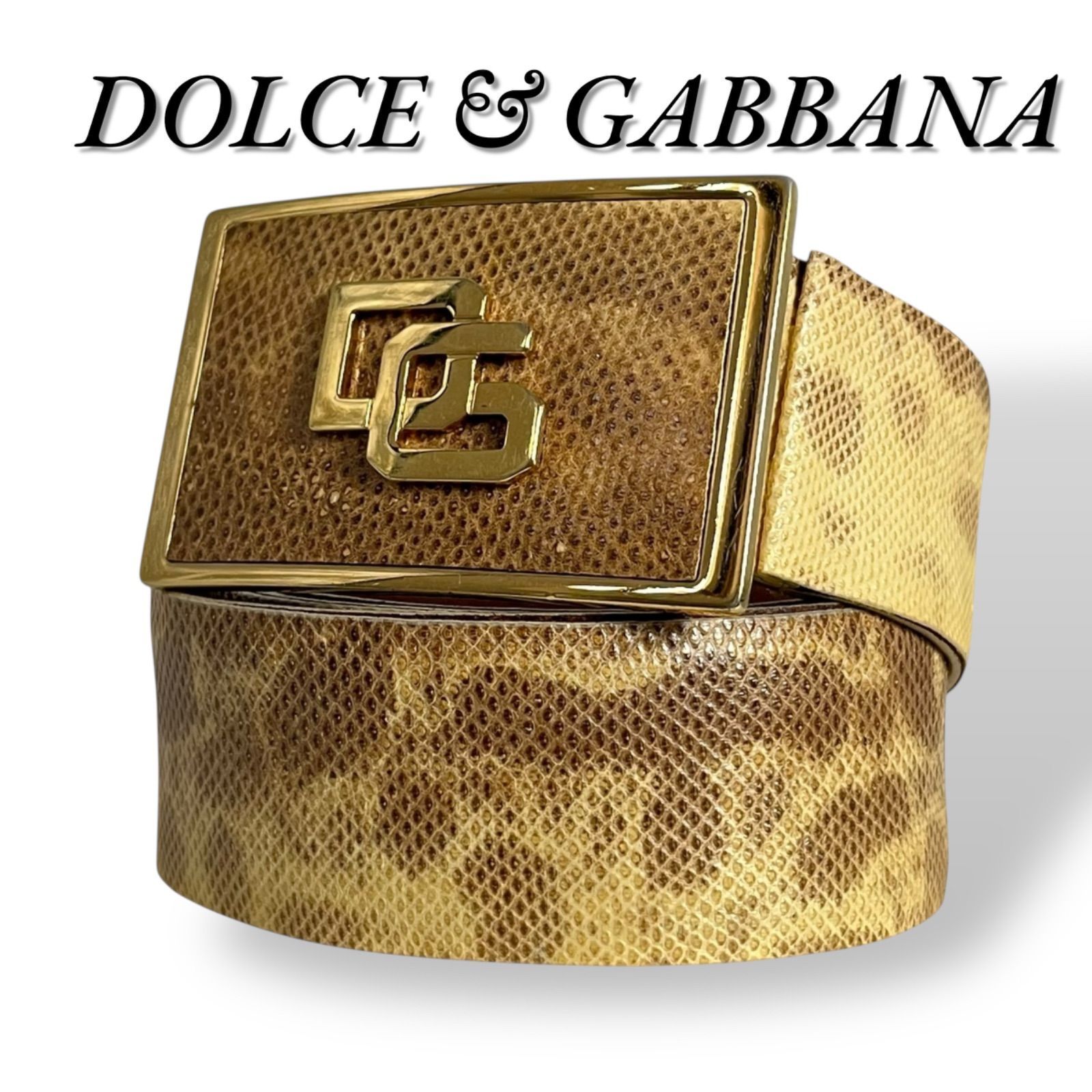 良品　DOLCE & GABBANA　384　D&G　メンズベルト　ゴールド　ロゴバックル　パイソン柄　幅広