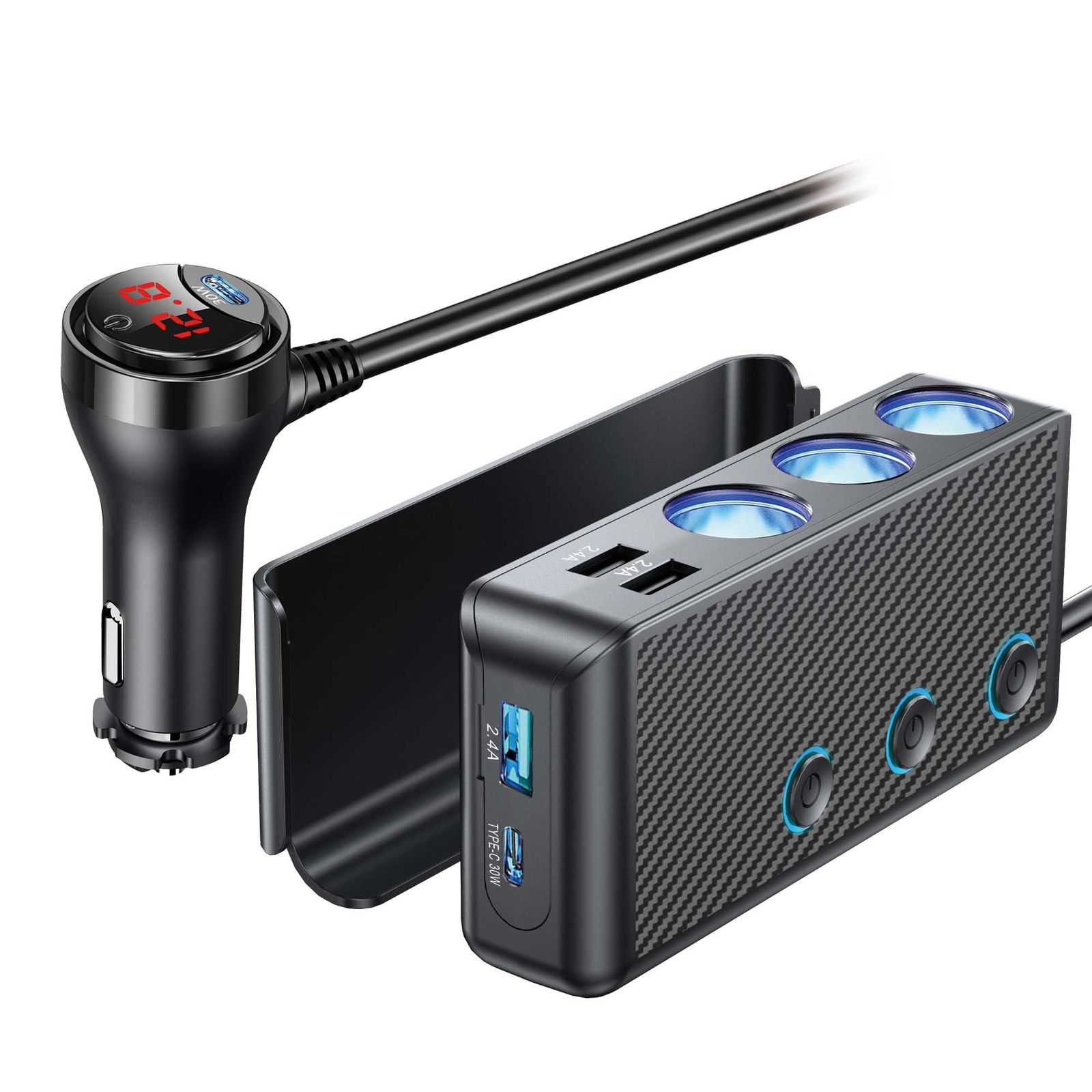 シガーソケット 216W 3連 USB車載充電器 増設 ソケット Quick Charge 3.0 搭載USB Type-C急速充電増設カーチャージャー 電源ソケット 分配器 車載充電器能搭載 12V/24V車対応 カーチャージャー