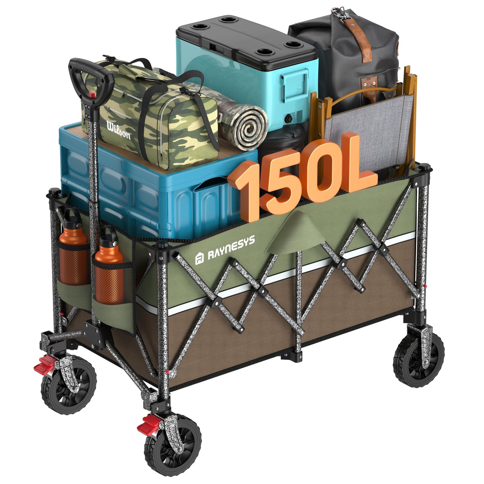 Raynesys キャリーワゴン 大容量150L 耐荷重150kg ブレーキ付き 折り畳み式 キャンプカート ワンタッチ収束式 持ち運び便利 コンパクト 自立収納 静音 スチールフレーム 多地形対応 キャンプ/砂浜/釣り/引越し/買い物/ゴミ出し GreenB