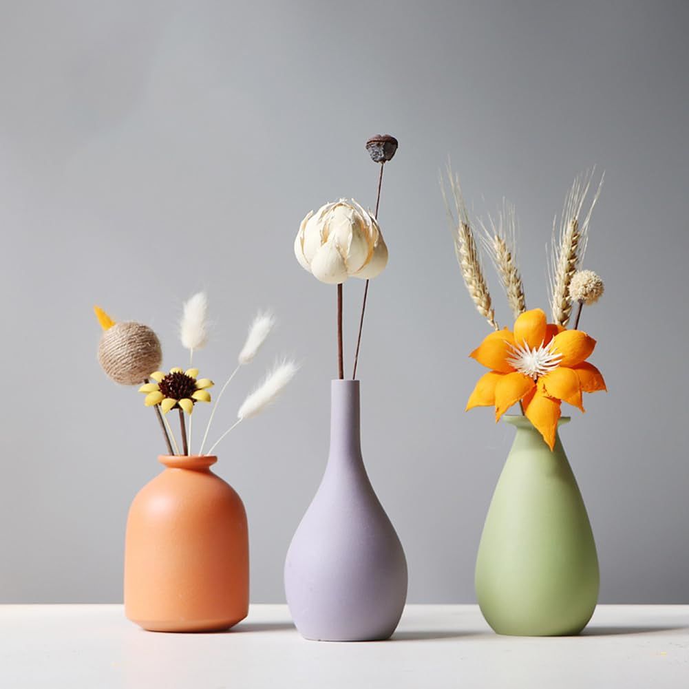 AIVAR 花瓶 陶器製 フラワーベース 3点セット, ミニ一輪挿し, 小さめ 和風 洋風 造花 水生植物 生け花 ドライフラワー適用 植木鉢 オレンジ・イエロー・グリーン, 花器 インテリア装飾用 飾り瓶 プレゼント (セット3：オレンジ+紫色 +グリーン（