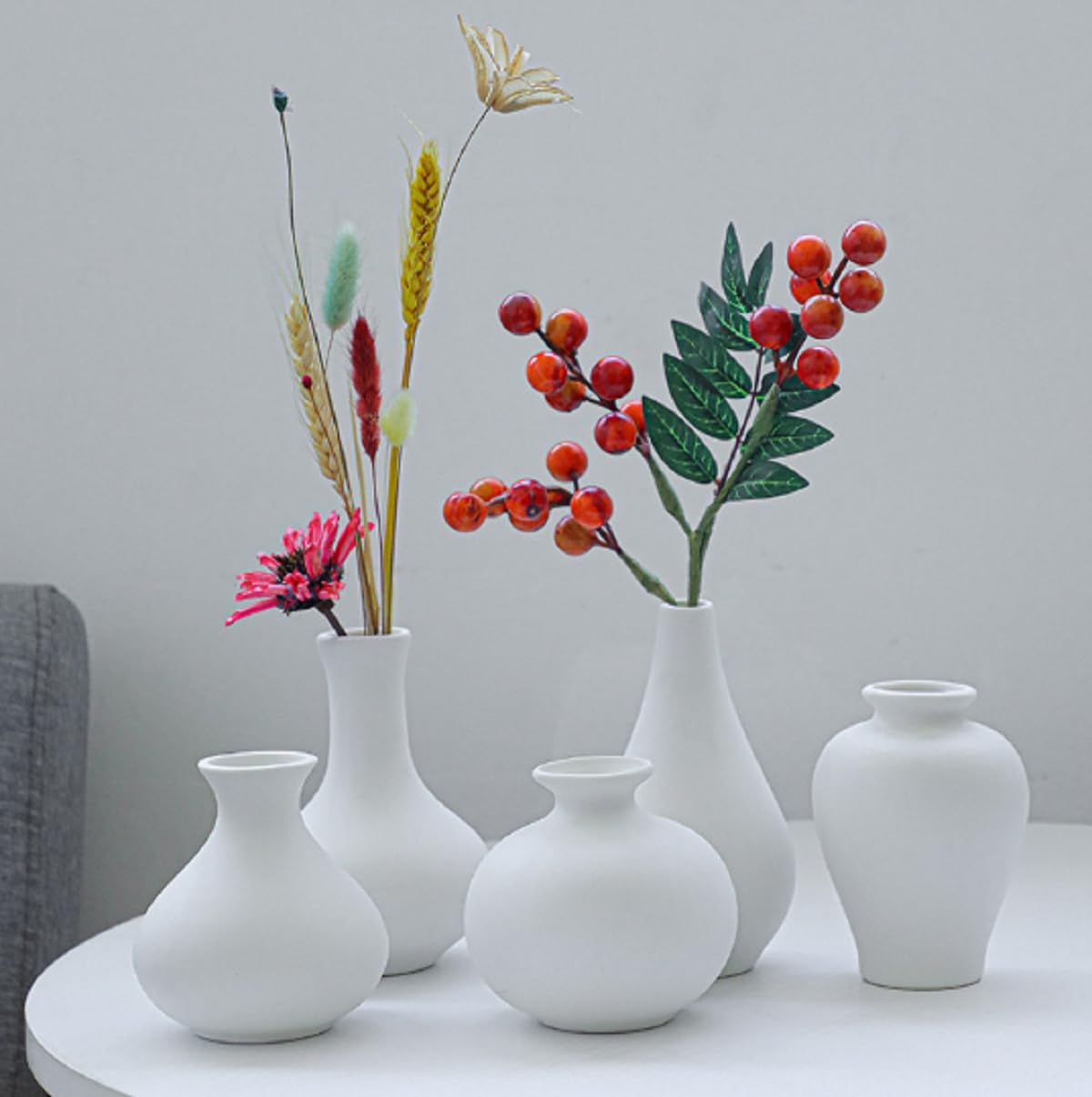GULAYI花瓶 陶器 白 一輪挿し フラワーベース 和風 洋風 5点セットかびんおしゃれ かわいい ミニ花器 小さめ 水生植物 生け花 ドライフラワー適用 インテリア プレゼント ギフト母 父の日 (セット1(白-5点入り))