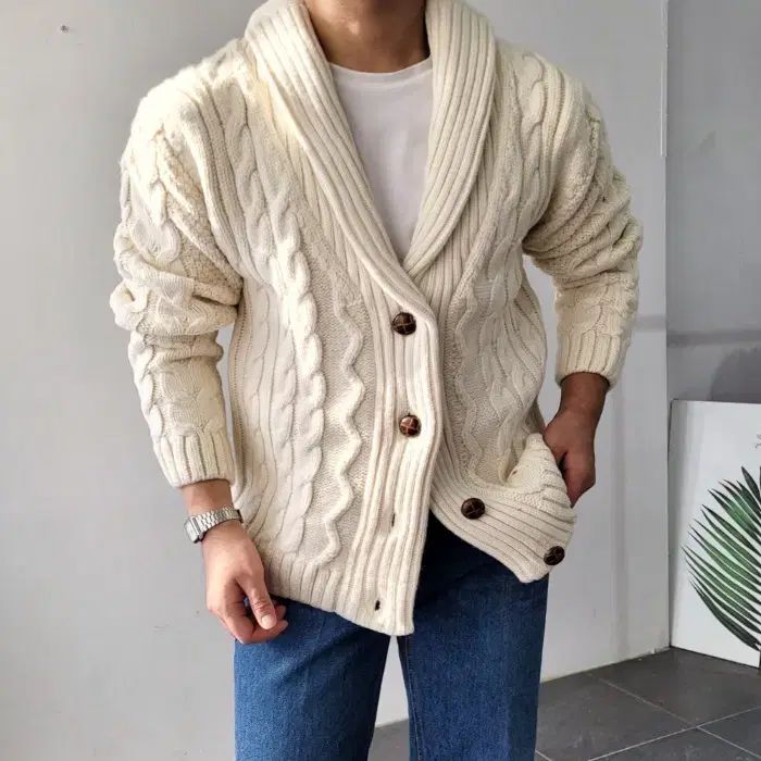ウール カシミア ヘビー ショールカラー ケーブル ニット カーディガン ジャケット 3COLOR 95-105size