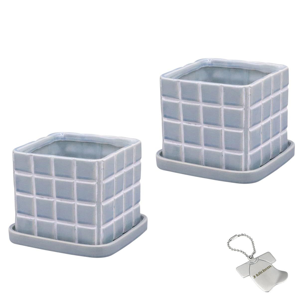 J-kitchens Select 2個入 セット 花瓶 陶器 植木鉢 タイル デザイン ポット A 角 ブルー 13x13xH11cm （オリジナルタグ１個付）No3421