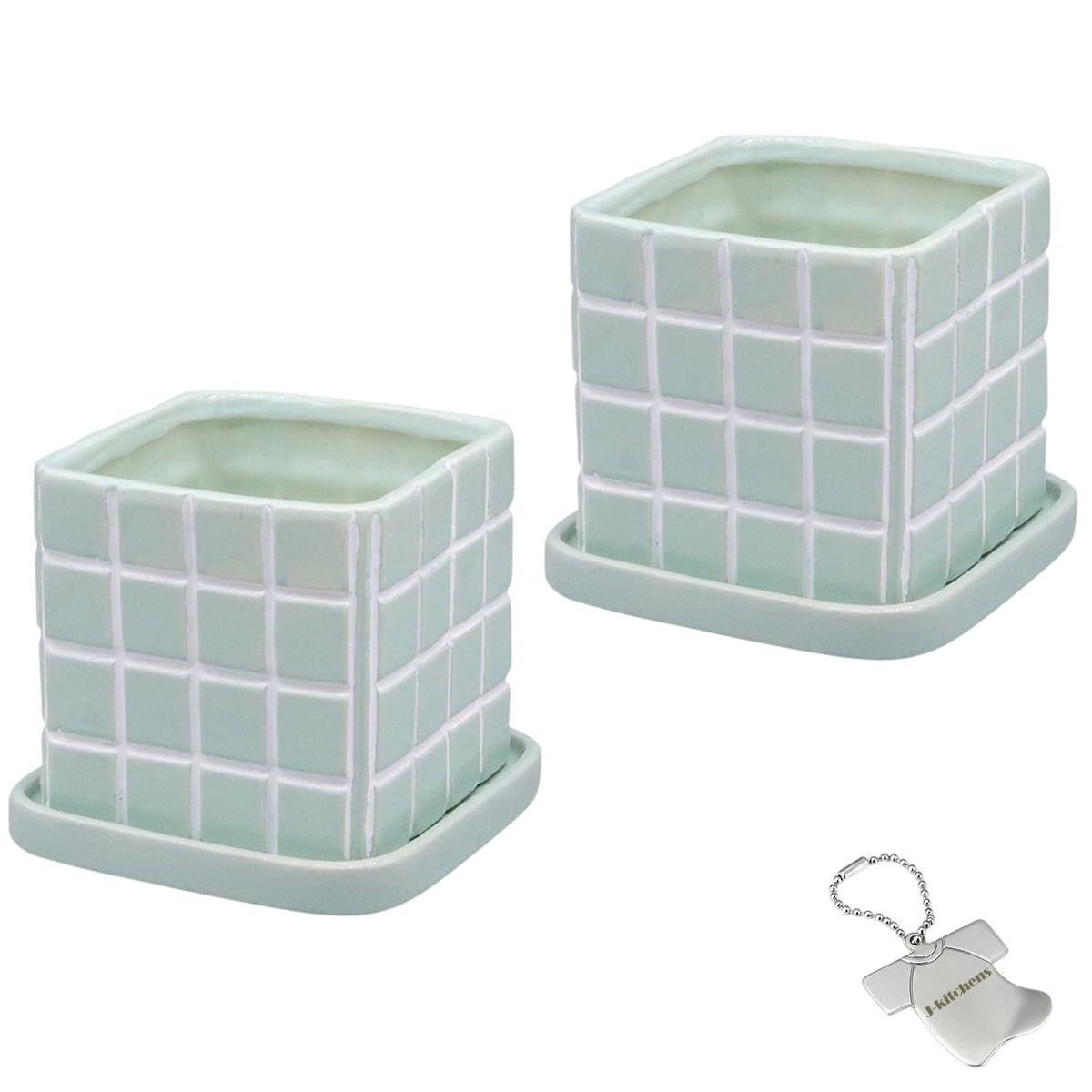 J-kitchens Select 2個入 セット 花瓶 陶器 植木鉢 タイル デザイン ポット A 角 グリーン 13x13xH11cm （オリジナルタグ１個付）No4220
