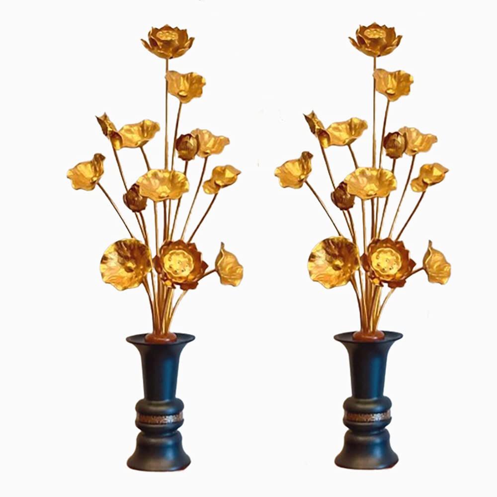 常花 仏花 常花セット 花立て お仏壇用仏具 蓮花 はすはな 花立付き 左右一対 2個セット 金メッキ 蓮華 仏壇 仏具 仏前 法事 法要 お盆 命日 飾り お彼岸 お供え 盂蘭盆会 初盆 新盆 祭壇 枯れない (ブラックL)