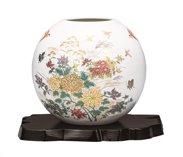 九谷焼いわたや 5.5号花瓶･金菊花に雀(台付) K9-1377