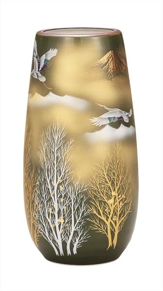 九谷焼いわたや 8号花瓶･金箔木立連山に鶴 K9-1330