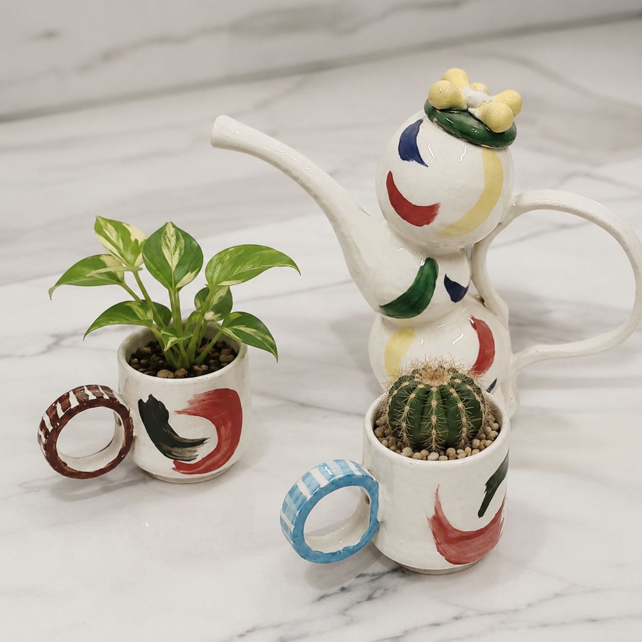 陶器の水差しジョーロとミニ植木鉢2ツ｜ポット&コーヒーカップ｜ナチュラルインテリア雑貨