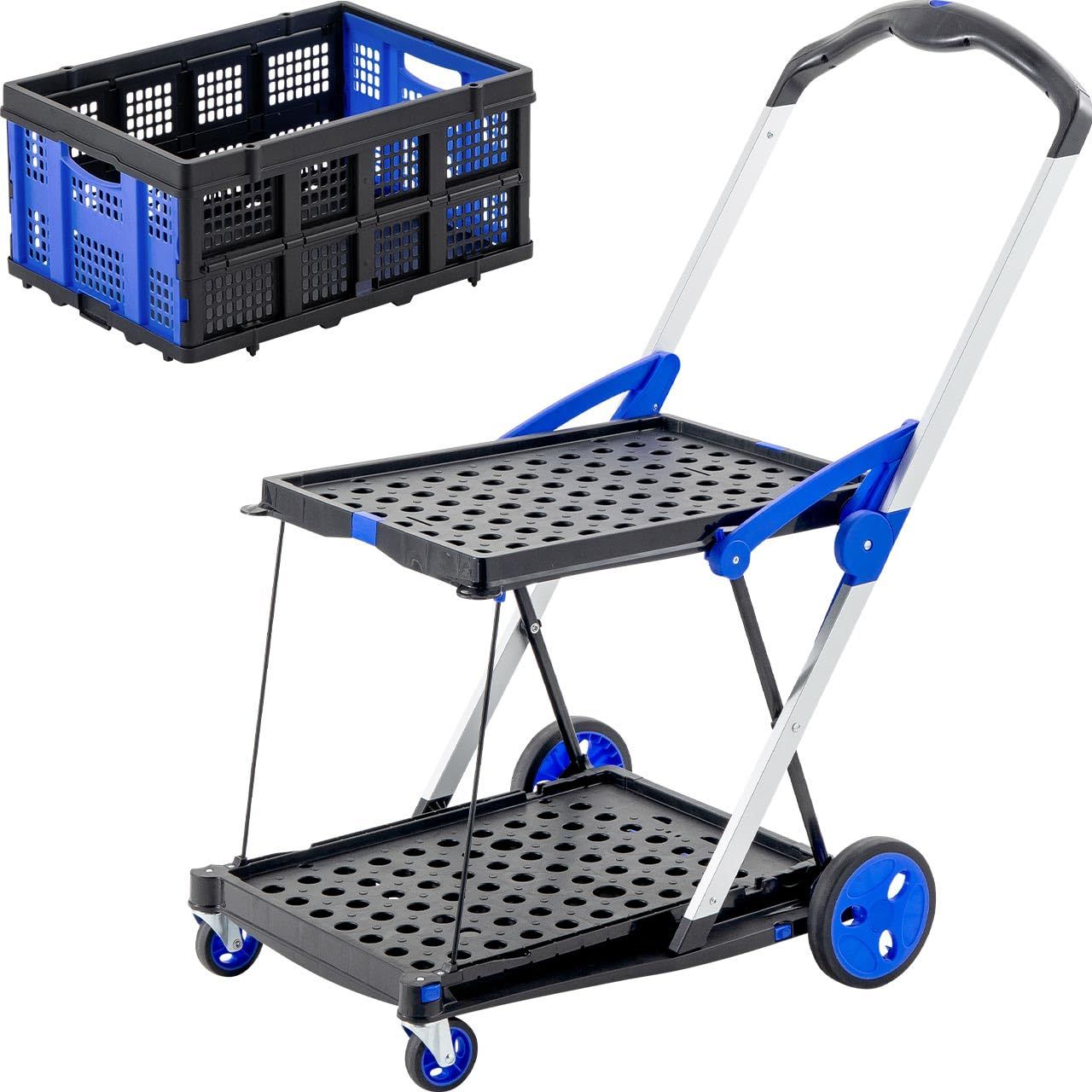 サンワダイレクト 折りたたみ台車 2段 コンテナ付き ストッパー付き 総耐荷重70kg 大型キャスター 2段台車 カート ブラック 100-CART028SET