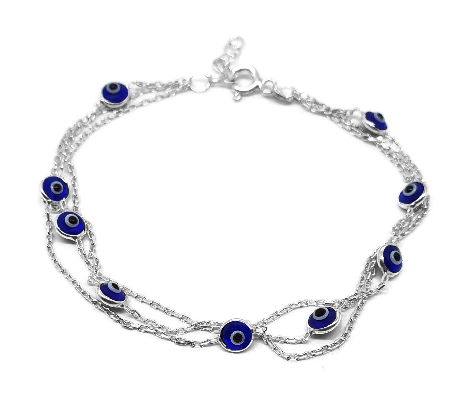 Dalia MYSTIC JEWELS - 7.5インチ シルバー イーブルアイ ブレスレット トリプル チェーン 小さな目 - 幸運のブレスレット, 7.5 inches, ガラス