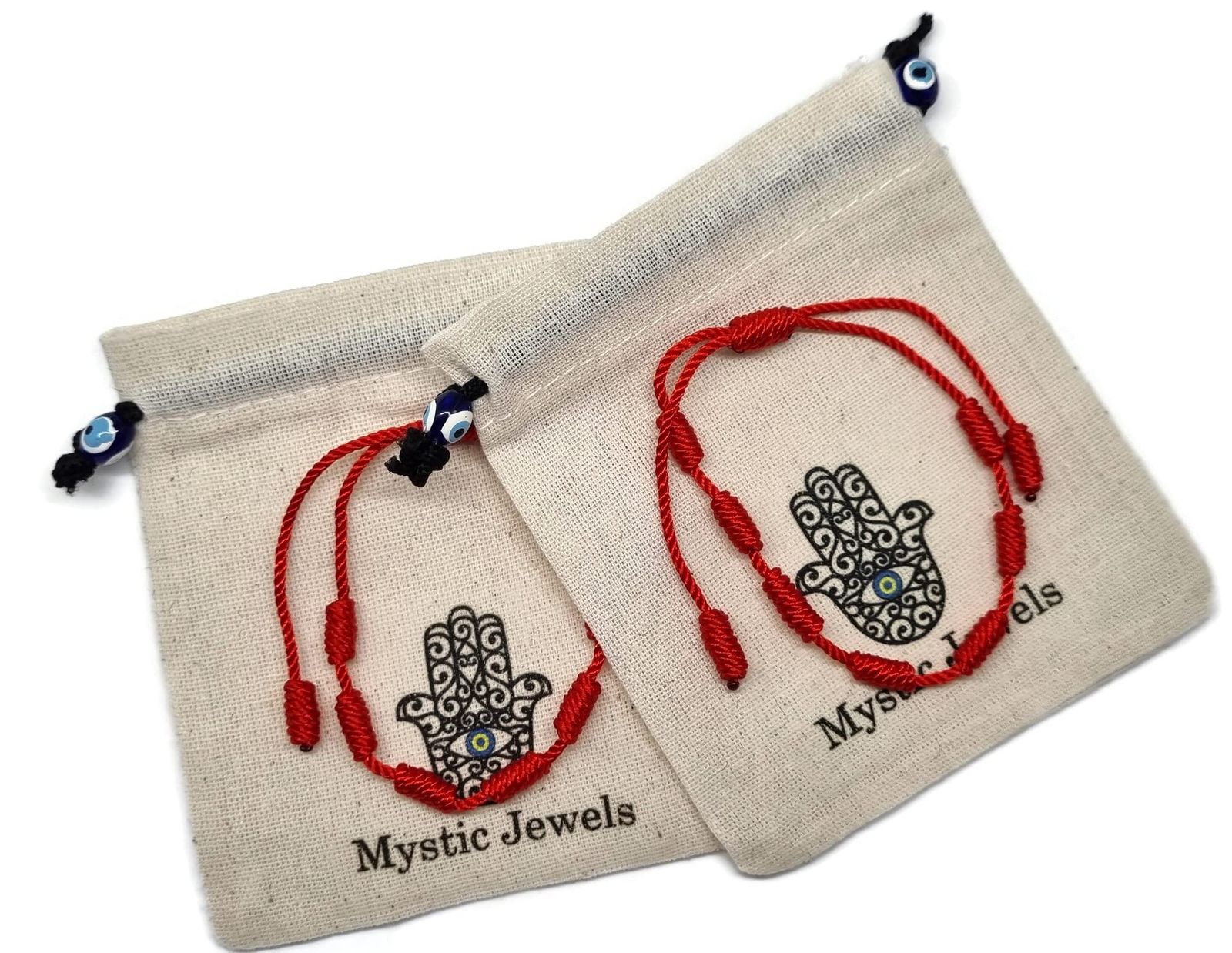 MYSTIC JEWELS by Dalia - カバラブレスレット - 赤い糸の7つの結び目 - ユニ - 調節可能 - 目の保護 - 幸運 - 幸運 (2ピース) ストリング 宝石なし, ストリング。, 宝石なし