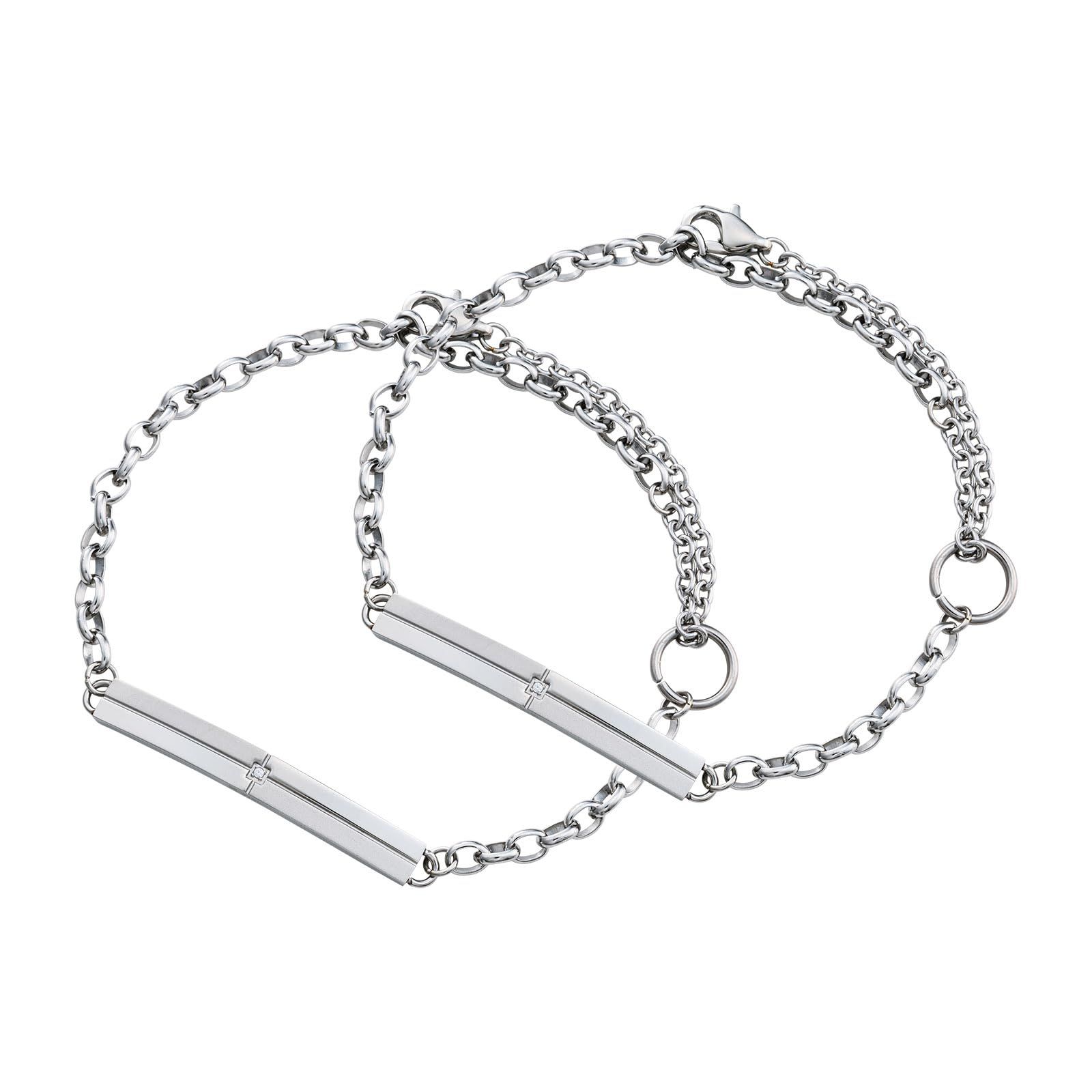 [ホワイトクローバー] ペアブレスレット 2本セット アレルギーフリー ステンレス キュービックジルコニア プレート クロス マット 光沢 つや消し ハーフラウンドチェーン サージカルステンレス シルバー＆シルバー 15cm～24cm 4SBR055SV&4S