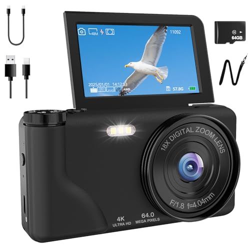 QZT デジタルカメラ 4K デジカメ 6400万画素 タイムプラス録画機能 TYPE-Cケーブルでスマホに送れる 3インチ大画面 180度回転可能ディスプレイ オートフォーカス 自撮り 18倍デジタルズーム スマホ連動 セルフタイマー ルー d5db2f28