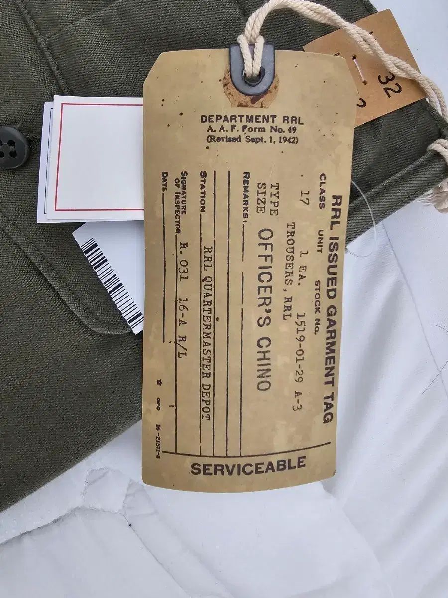 新品 RRL(ダブルアールエル) オフィサーチノ オリーブ 32/32 送料無料
