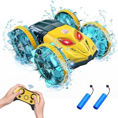 ラジコンカー 子供向け 水陸両用スタントカー オフロード リモコンカー 360度回転 防水 四輪駆動 両面走行 2.4GhzラジコンLEDランプ付き USB充電式 電動 車おもちゃ キッズ 小学生 クリスマス 誕生日 ギフト プレゼント Yummo 知育玩kk