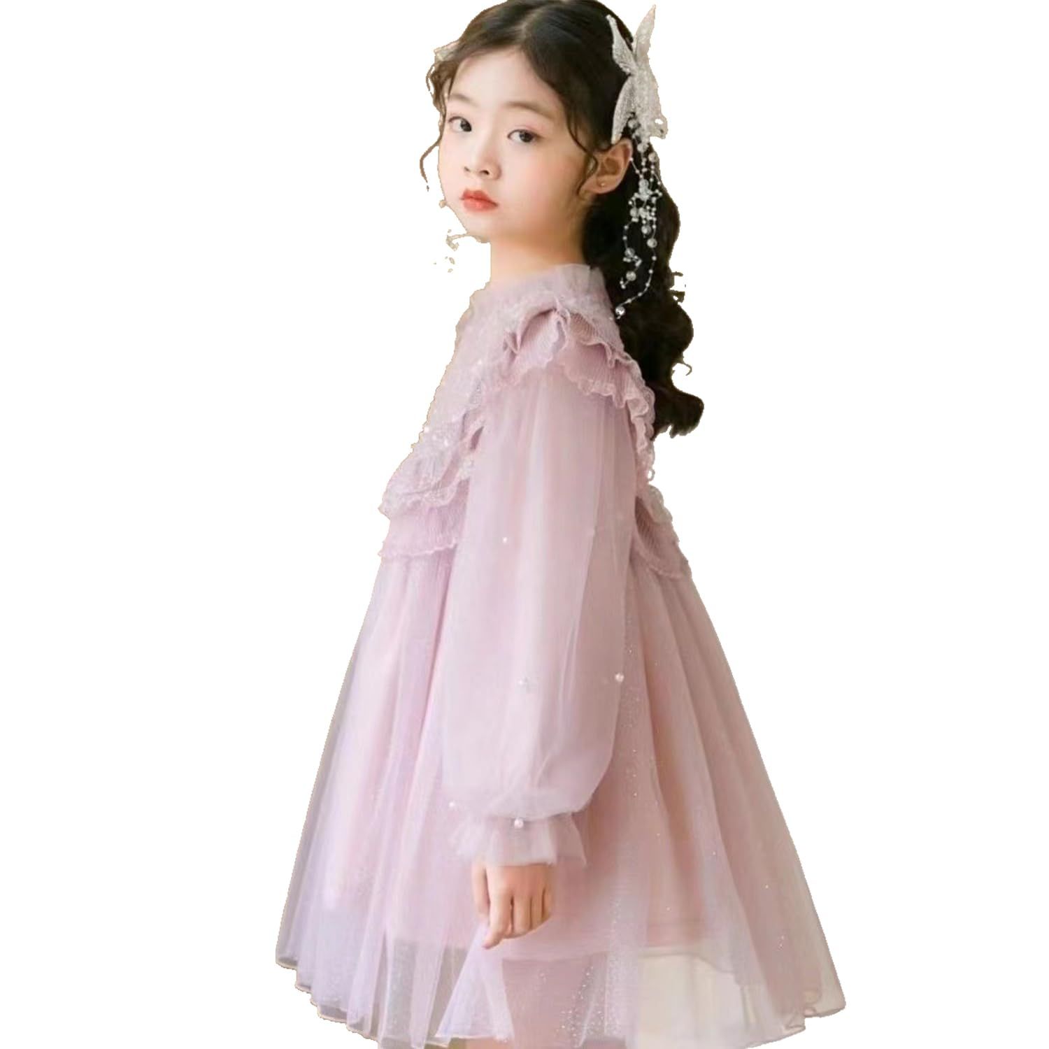 [VOKLLIYU] 子供 女の子 ワンピース ドレス 長袖/半袖 可愛い キッズ 女児 レース ワンピース 子供服 100-150CM 春夏秋冬 洋服 結婚式 発表会 卒園式 入学式(1-ピンク, 150)