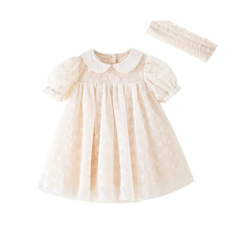 [Baby koi] ガールズ服半袖ワンピース女の子夏チュール洋服フォーマル子供ドレス結婚式髪飾り七五三バースデーキッズ贈り物ギフト月齢フォト用無地高級ベージュ66㎝
