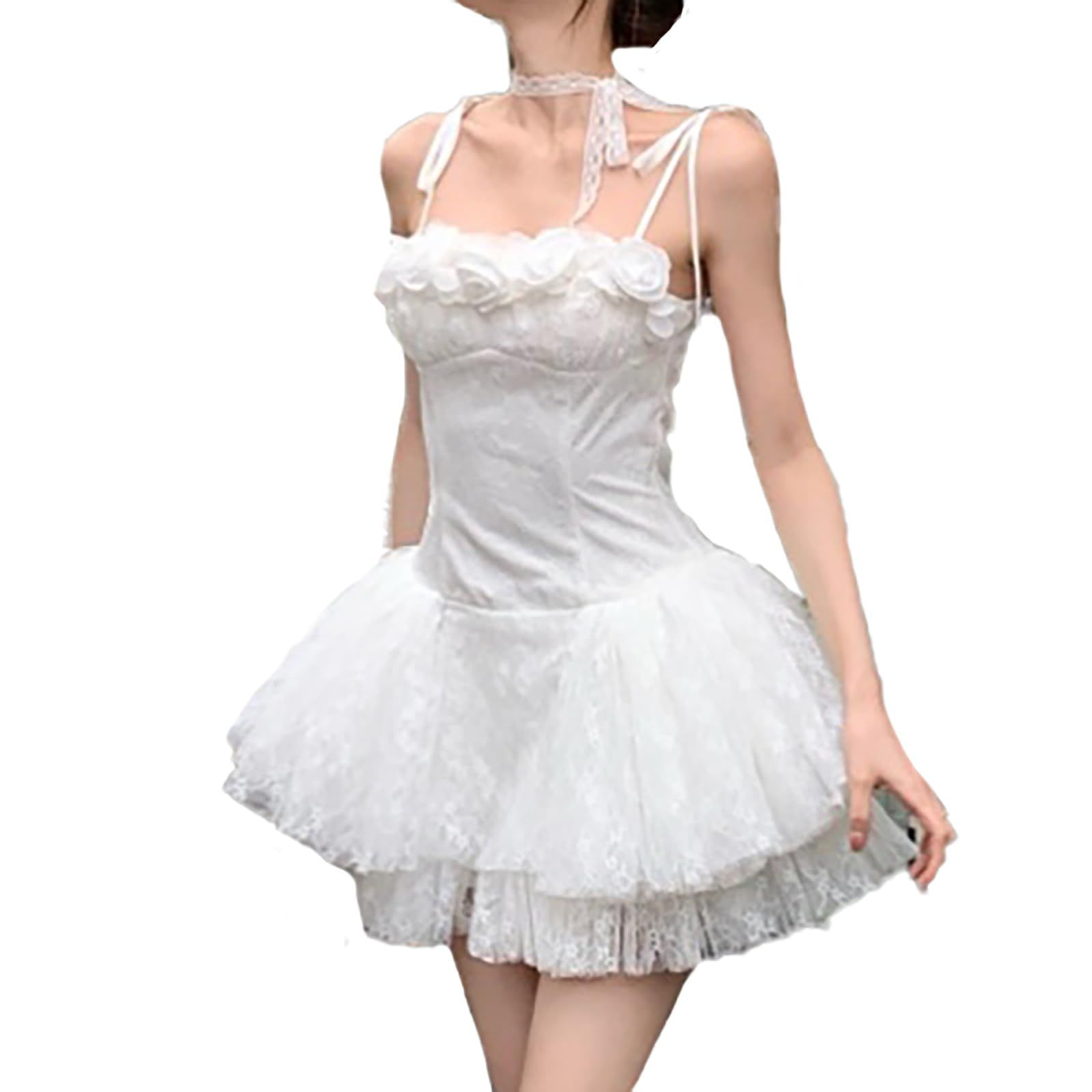 [MODKOKU] バレエ風 キャミソール ワンピース レディース ドレス きれいめ 立体な花 チュール レース レースアップ 甘い 韓国風 セクシー 大人 女の子 女性らしい エレガント ファッション 誕生日 女子会 デート 夢かわいい 春 秋 夏 服 白