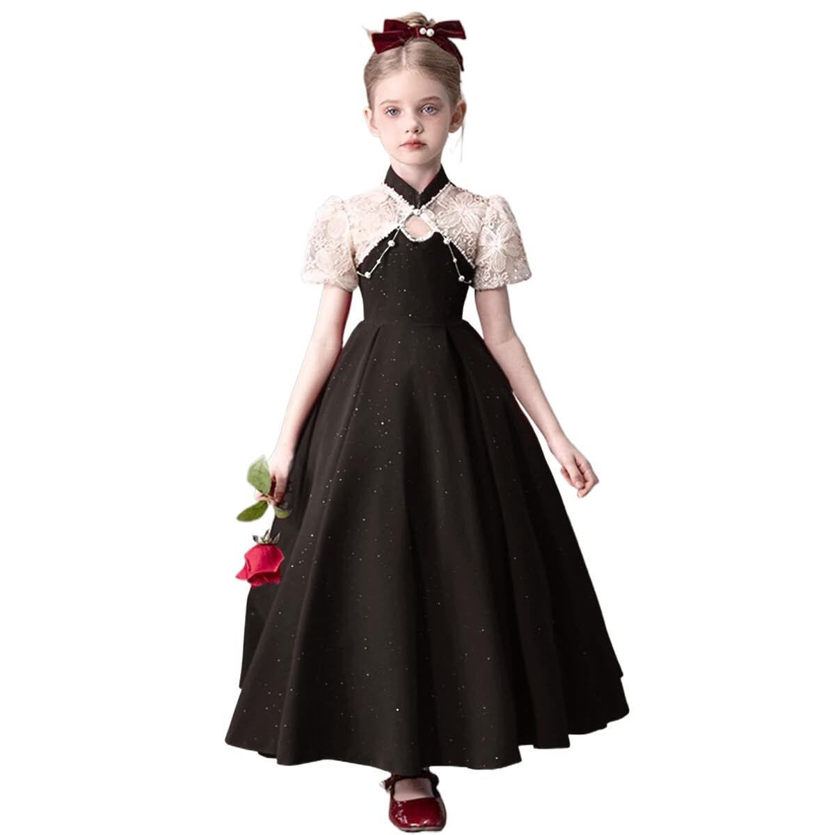[VIISEN] 子供ドレス ンレース パール飾り ロングドレス 女の子 ピアノ発表会 キッズ お姫様ドレス 結婚式 演奏会 誕生日 パーティー フォーマル ワンピース 110-170CM(黒 -160)