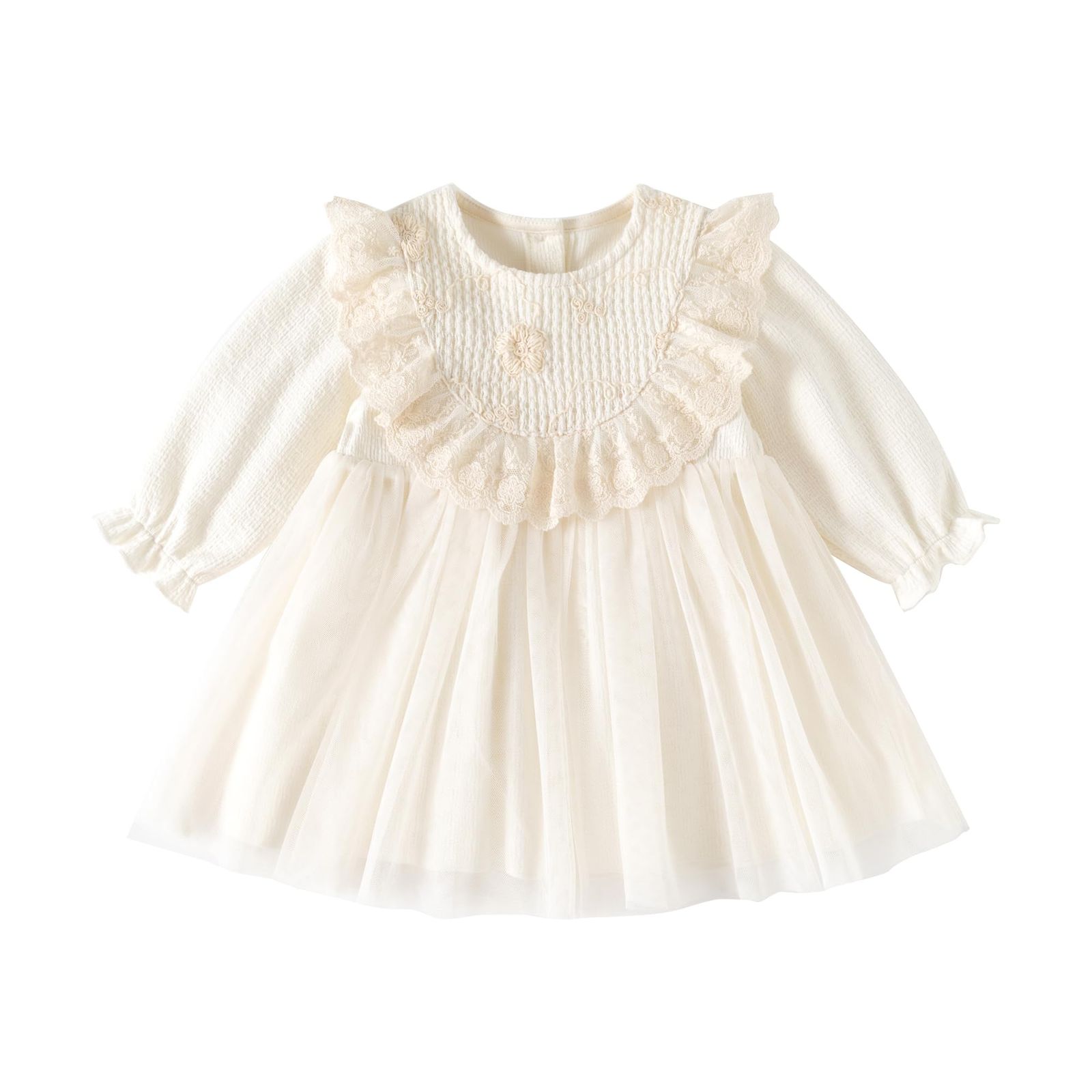 [Baby koi] ベビー服子供服女の子洋服春秋長袖ワンピースカジュアルドレス結婚式お宮参り七五三バースデー贈り物ギフト無地チュールベージュ9Mセット1