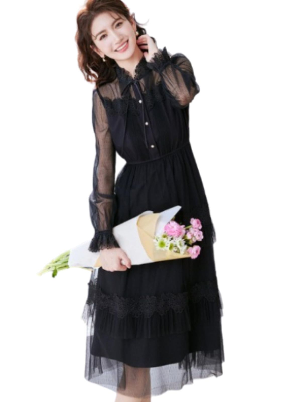 ShuShuclothfranc パーティードレス 結婚式 ミモレ丈 袖付き ドレス ワンピース レース お呼ばれ