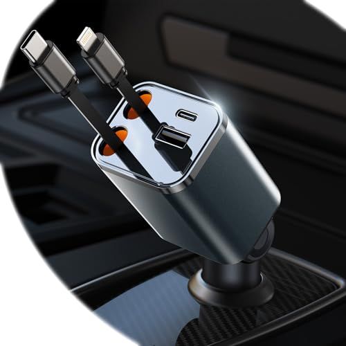 【ミニ 巻き取り式】4in1 車 充電器 シガーソケット 4台同時充電 カーチャージャー 巻き取り式充電ケーブル 2本 87W急速充電 車載充電器 対応iPhone 16/15/14/13/12, Galaxy S22/S21 UItra, e49853cb