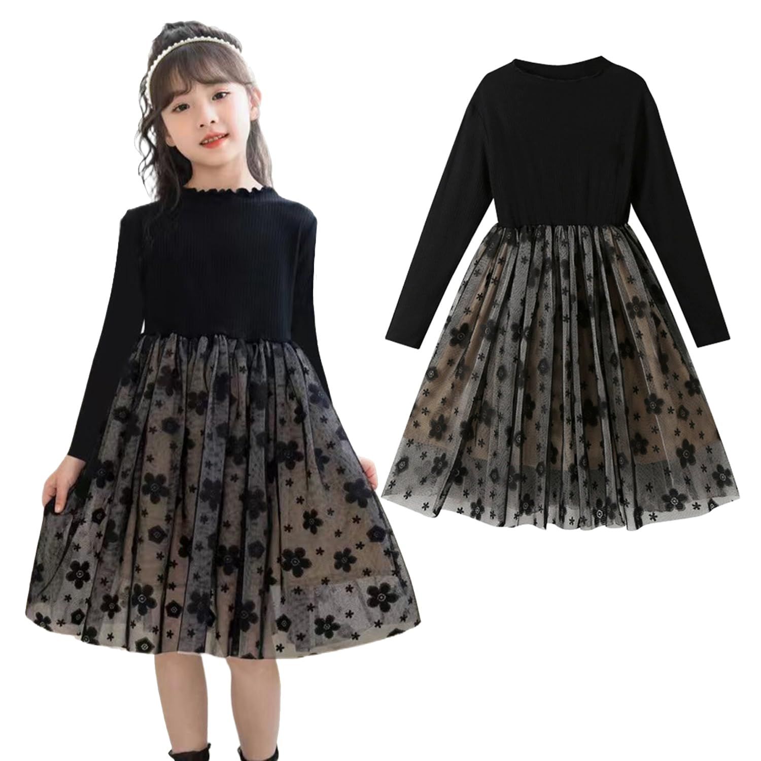 [VOKLLIYU] 女の子 子供 ワンピース 長袖/半袖 キッズ ワンピース 子供服 洋服 可愛い ドレス 秋冬 通学 通園 発表会 七五三対応 結婚式 パーティー 120-170cm(長袖/黑 150)