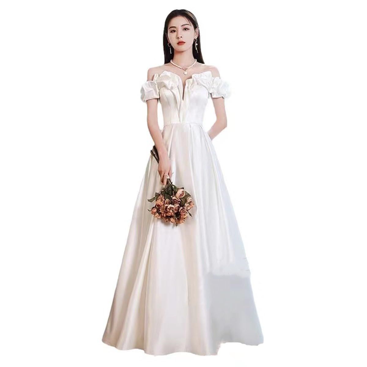 [Fiveen] ウエディングドレス 白 シンプル ロング オフショルダーフ 結婚式 前撮りドレス 二次会 編み上げ ドレス 花嫁ドレス 海外挙式L