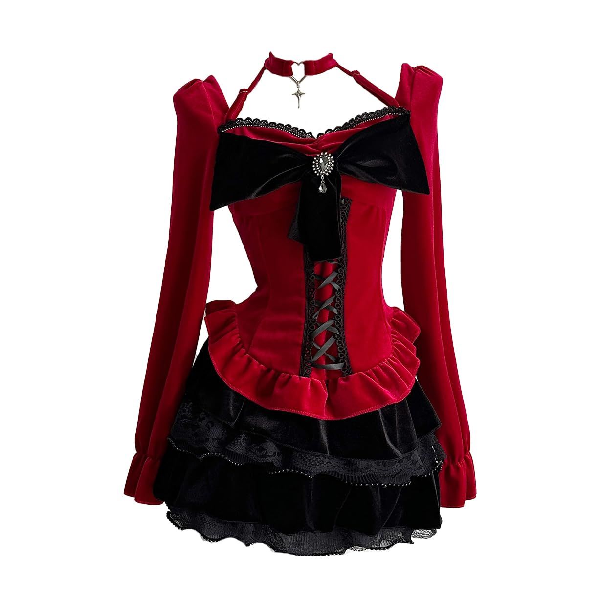 [MODKOKU] サブカル ワンピース レディース 地雷系 服 Y2K きれいめ 韓国風 大人 女性らしい エレガント 女子会 レース ミニ ハイウエスト リボン ライン入り レースアップ 長袖 クリスマス サンダ 首に掛け 春 夏 秋 冬 服 黒 赤 ブラ