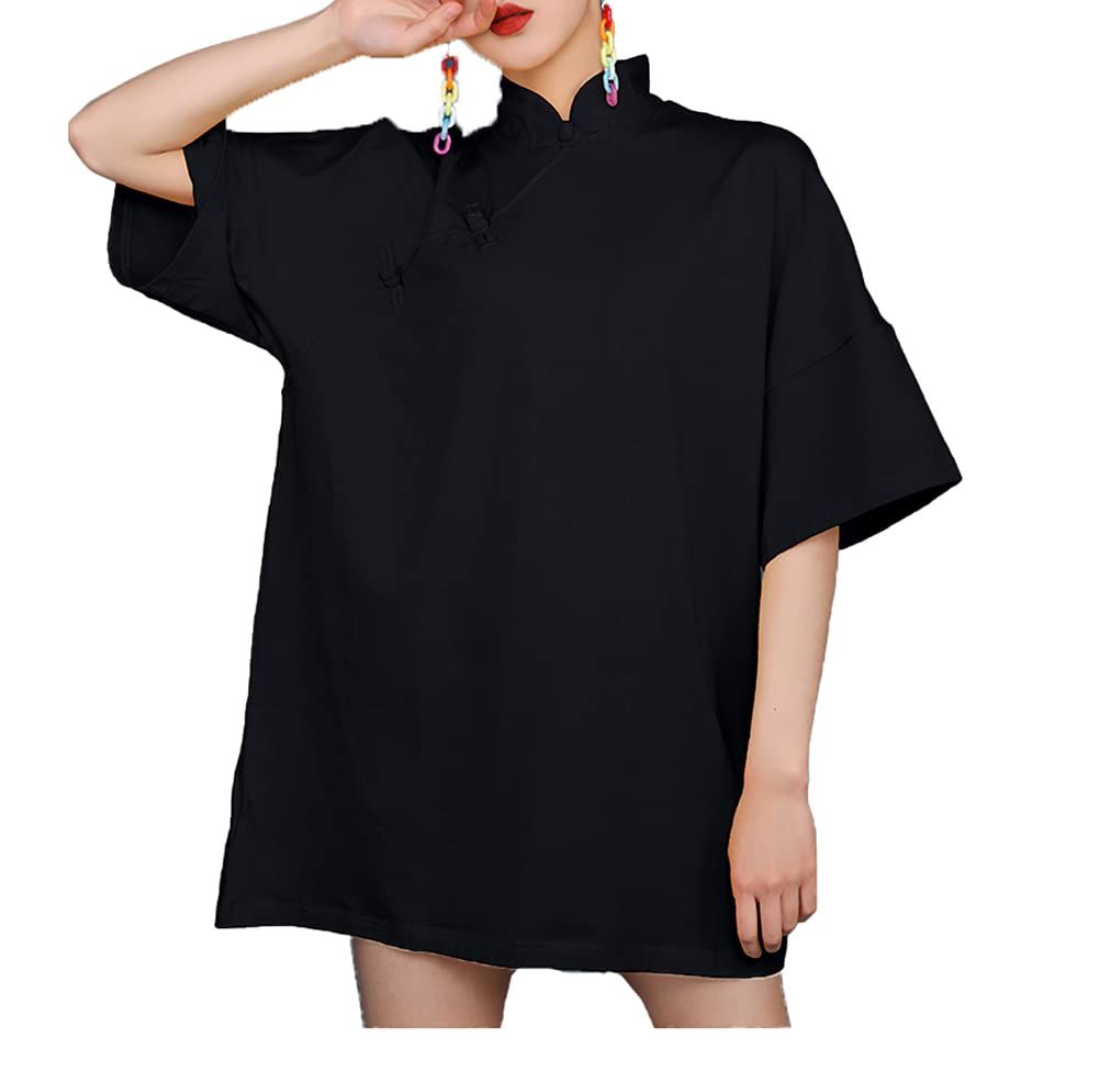 [Atopddan] チャイナボタン シャツ レディース 中国風 tシャツ 綿 半袖 夏 トップス コットン スウェット ゆったり チャイナ服 黒 M