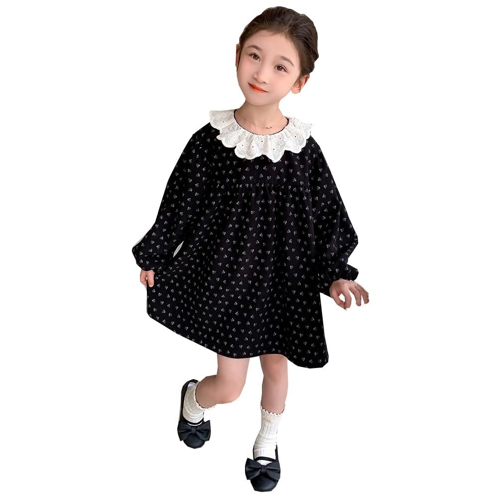 [Baby koi] ガールズ服長袖ワンピース女の子春秋洋服フォーマル子供ドレス結婚式お宮参り発表会七五三バースデー通園服キッズ贈り物ギフト総柄襟付きブラック120㎝