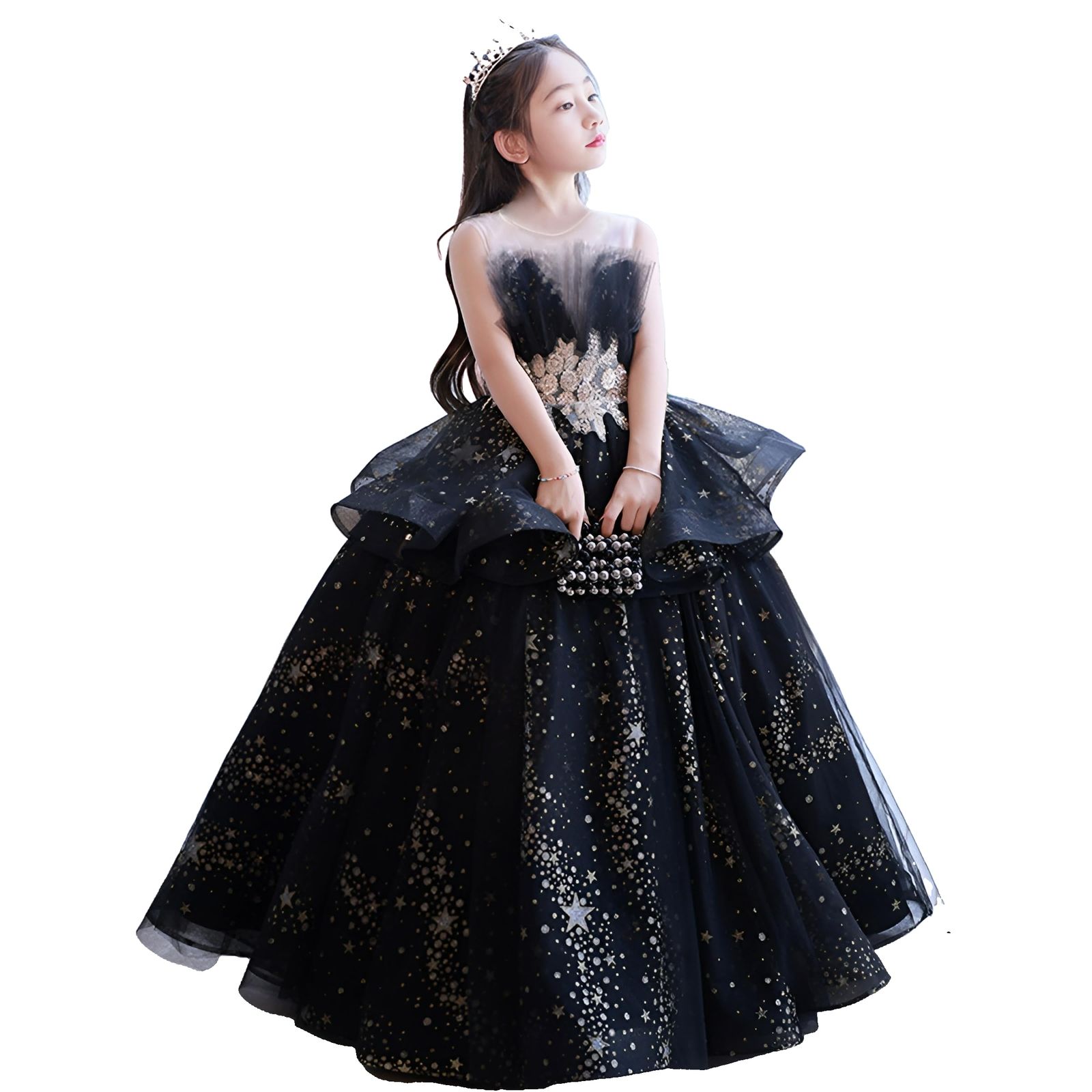 [HOLRAFAN] 子供 ドレス キッズ ピアノ 発表会 ドレス フォーマル 上品 豪華 袖なし 星柄 女の子 ドレス 舞台 演奏会 子ども ドレス 110-170cm (A-黒 170)