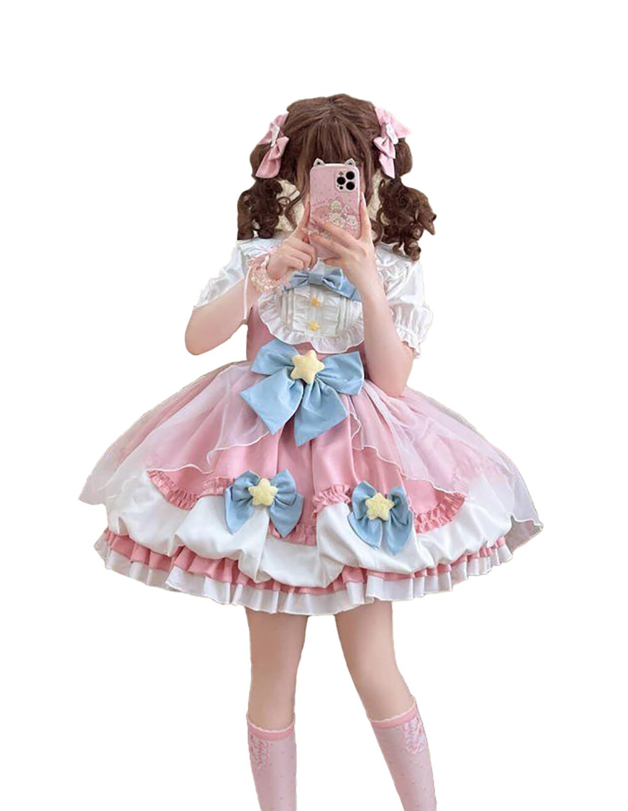 [ＸＨＳＵＫＡＤＯ] 甘い系 ロリータ JSK ドレス レディース ワンピース ゆめ可愛い リボン付き Lolita お嬢様 星柄 地雷系 洋服 ガーリー系 猫爪 コスプレ レース フリル 学園祭 文化祭 ふわふわスカート オシャレ 女の子 春 夏 秋 ピンク
