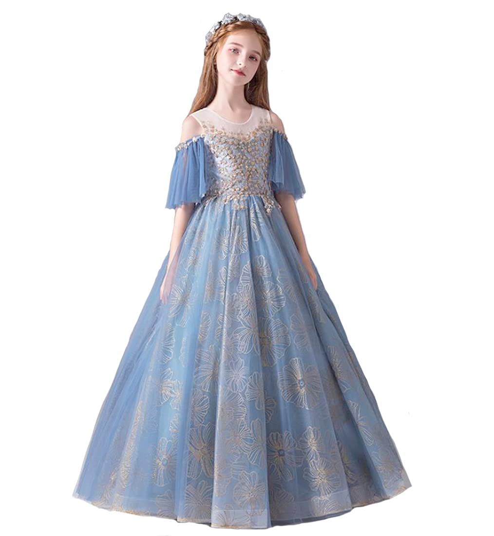 [VIISEN] 子供 ドレス キッズ ピアノ発表会 ロングドレス 女の子 子ども ドレス ジュニアドレス フォーマル 上品 かわいい 刺繍 結婚式ドレス 演奏会 舞台 パーディー 110-160cm (ブルー, 170)