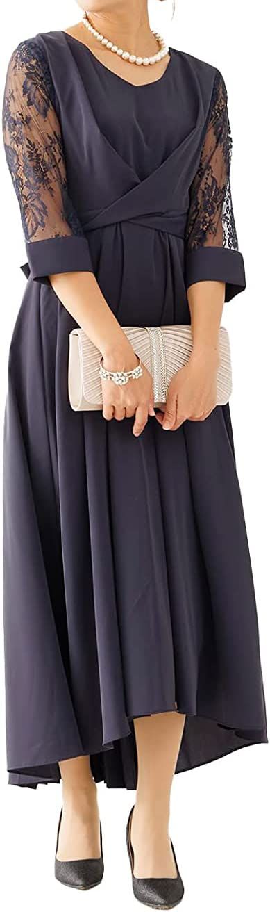 [アウニイ] パーティ ワンピース ドレス レディース 結婚式およばれワンピース パーティードレス レース袖 可愛い 結婚式 披露宴 二次会 セレモニー 体型カバー 77000020 (NVY S)