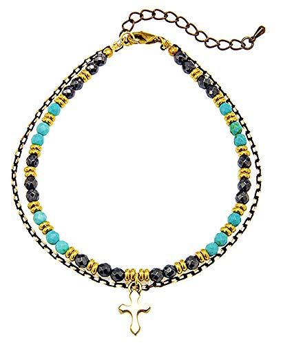 [2PIECES] so0526-turquoise [ブランド名 アンクレット メンズ クロス パワーストーン ゴールド 約20～26cm(ターコイズゴールド)