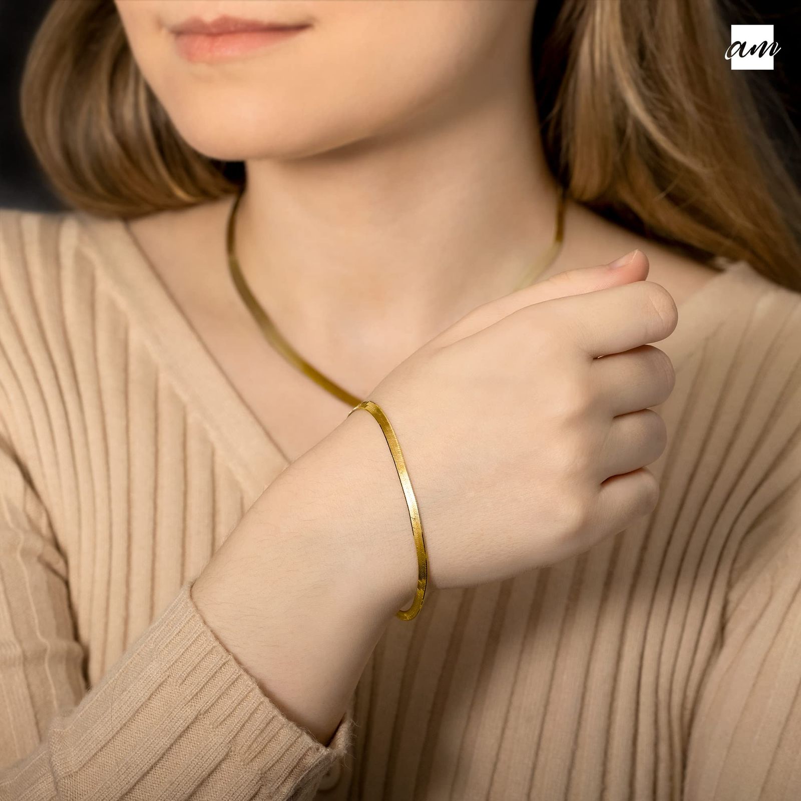レディース 925 スターリングシルバー フラットスネークブレスレット：3mm ゴールドメッキ スターリングシルバー ヘリンボーンブレスレット 20cm