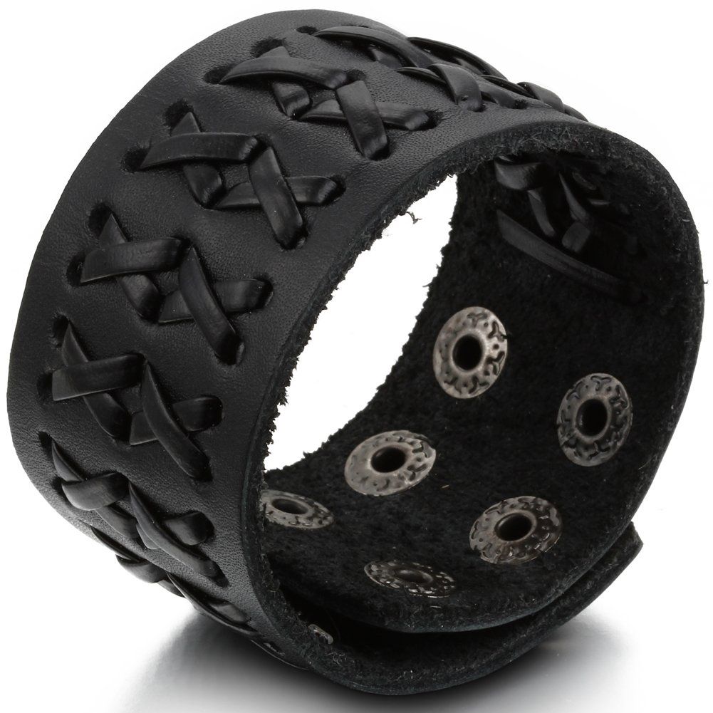 JewelryWe gifts for loved ones, boyfriends/girlfriends: jewelry fashion accessories, men's bracelets, wide gothic punk rock bangles, leather, alloy, color: black; [gift bag provided]