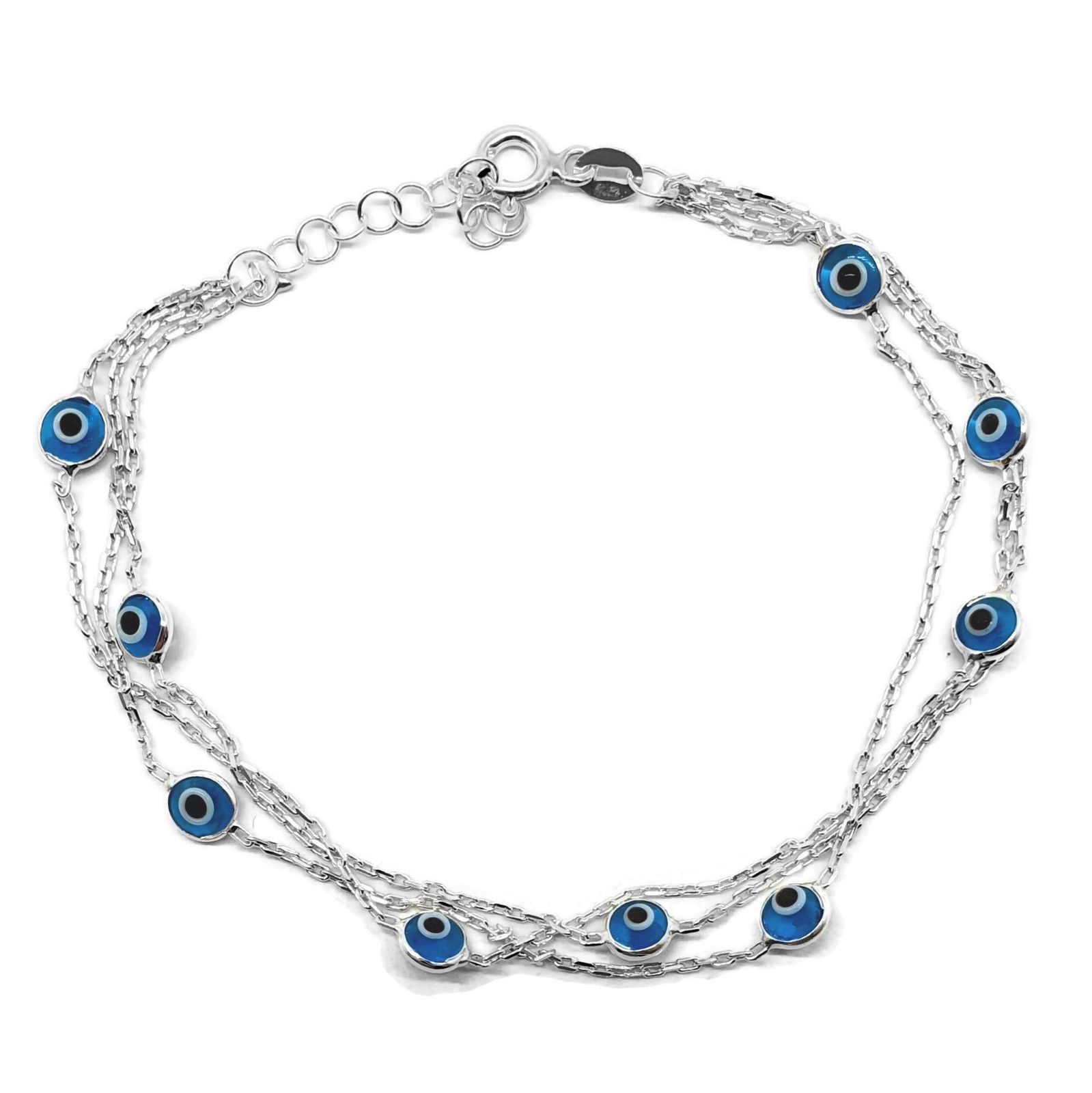 Dalia MYSTIC JEWELS - 7.5インチ シルバー イーブルアイ ブレスレット トリプル チェーン 小さな目 - 幸運のブレスレット, 7 5 inch, ガラス