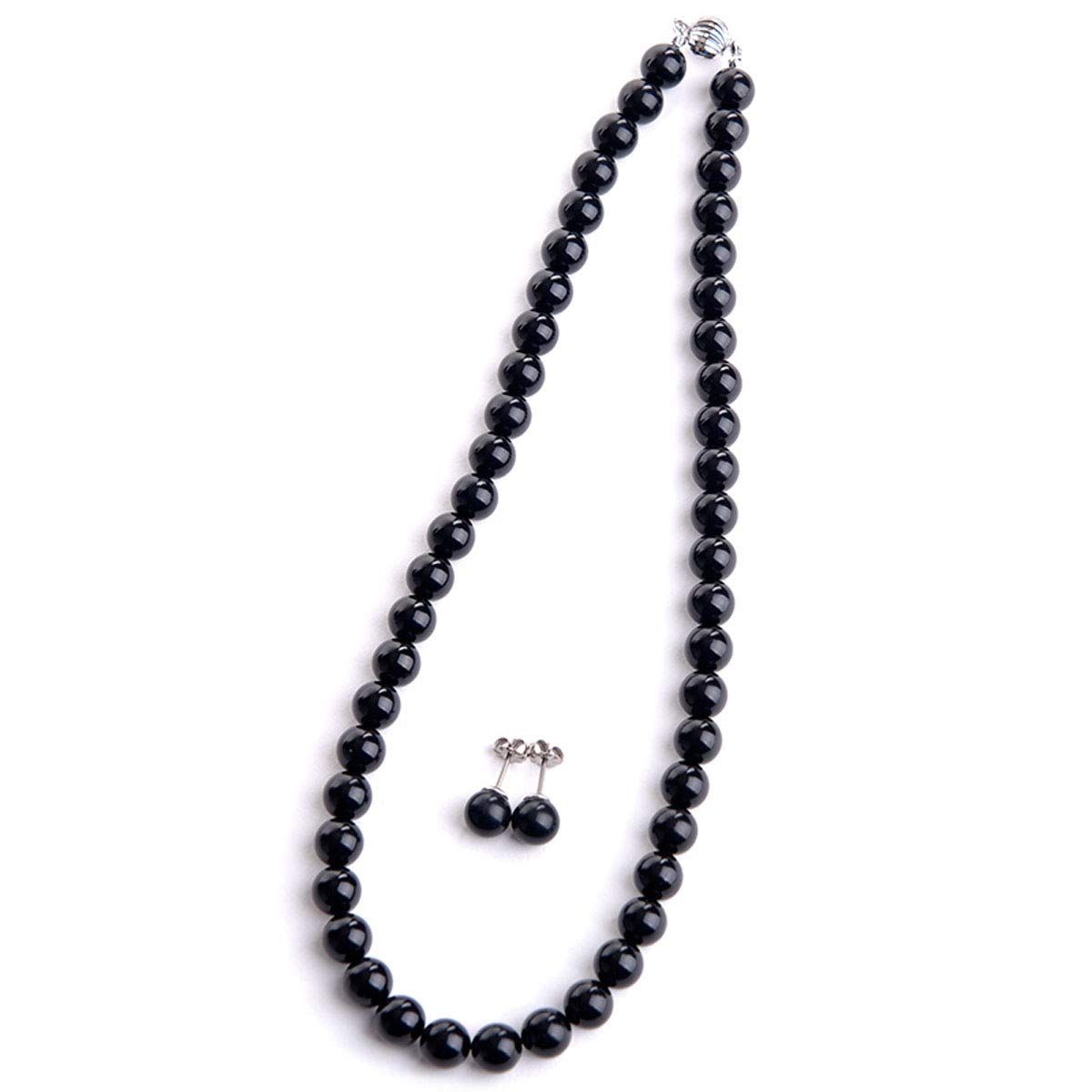 [アウローラ] 8mmジェットネックレス ピアス イヤリングセット 化粧箱付 黒琥珀 16インチ 17インチ 18インチ 42cm 45cm 47cm チョーカー プリンセス (イヤリング, 16インチ)