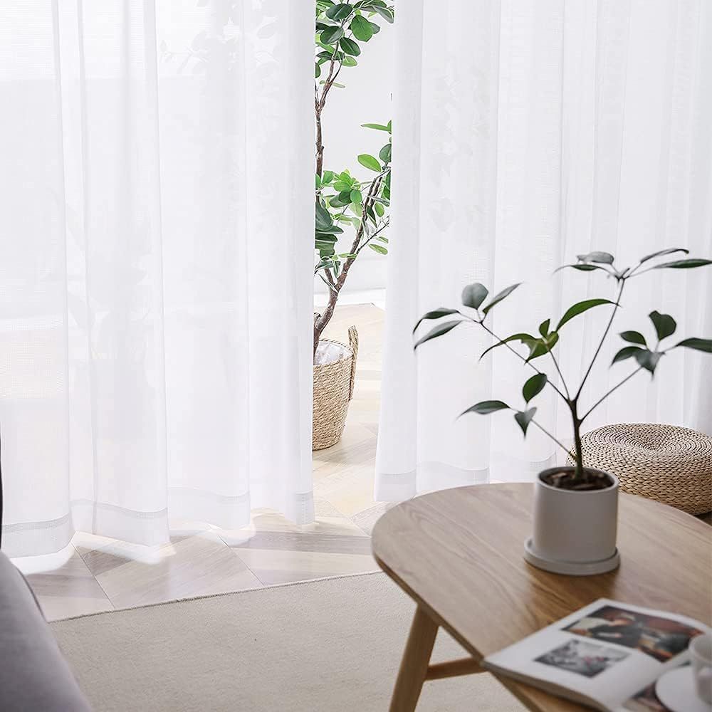 AIFY レースカーテン 2枚組 幅150×丈218cm 夏用 チェック柄 格子柄 夜も見えにくい UVカット 冷房効率アップ 省エネ 遮熱 断熱 通気性 採光 遮像 洗える おしゃれ 新生活★ 231a309c