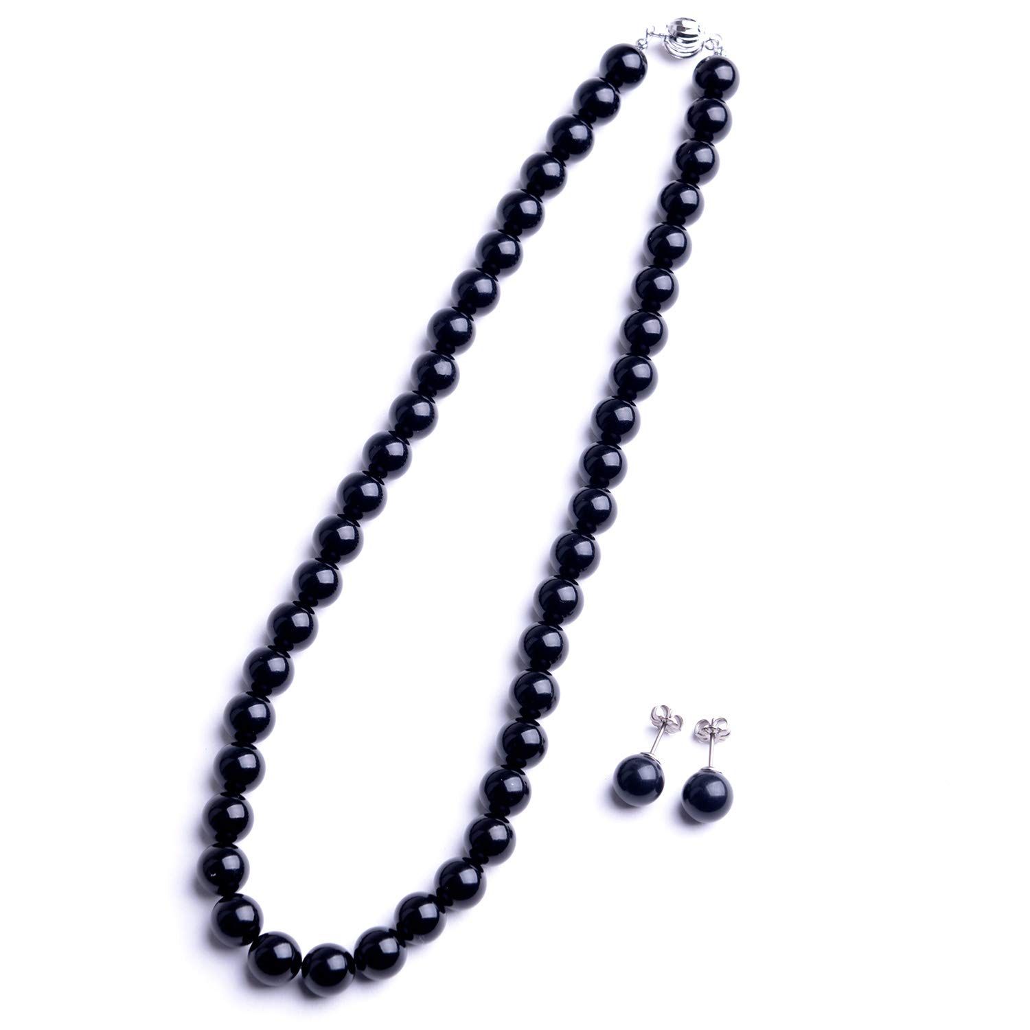 [アウローラ] 9mmジェットネックレス ピアス イヤリングセット 化粧箱付 黒琥珀 16インチ 17インチ 18インチ 42cm 45cm 47cm チョーカー プリンセス (16インチ, ピアス)