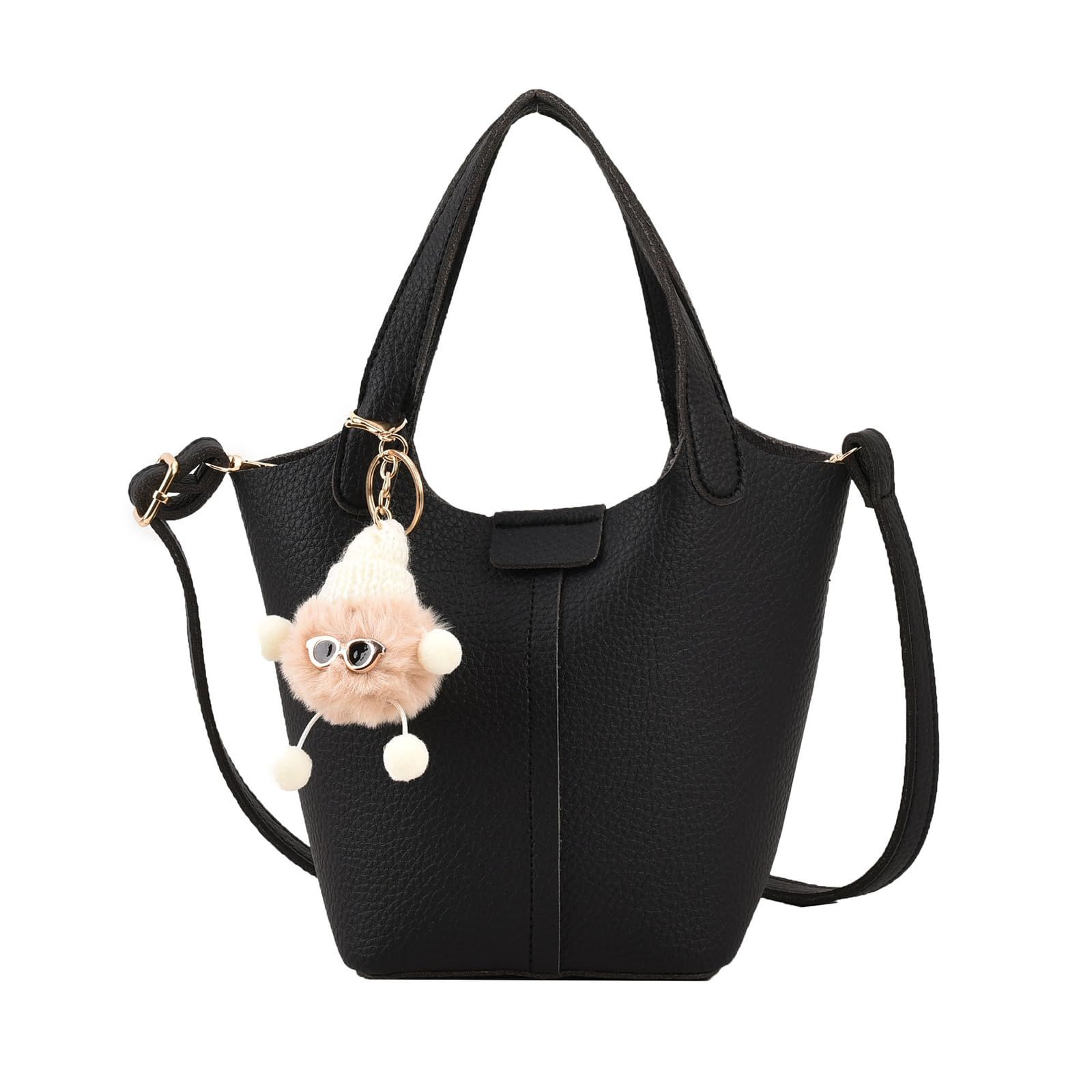 [NICOLE & DORIS] バケットバッグ レザー レディース バケツ型 ハンドバッグ 小さめ 可愛いチャーム付き 2way ショルダー 斜めがけカバン 手提げ鞄 デット bucket bag for women ブラック・タイプ2
