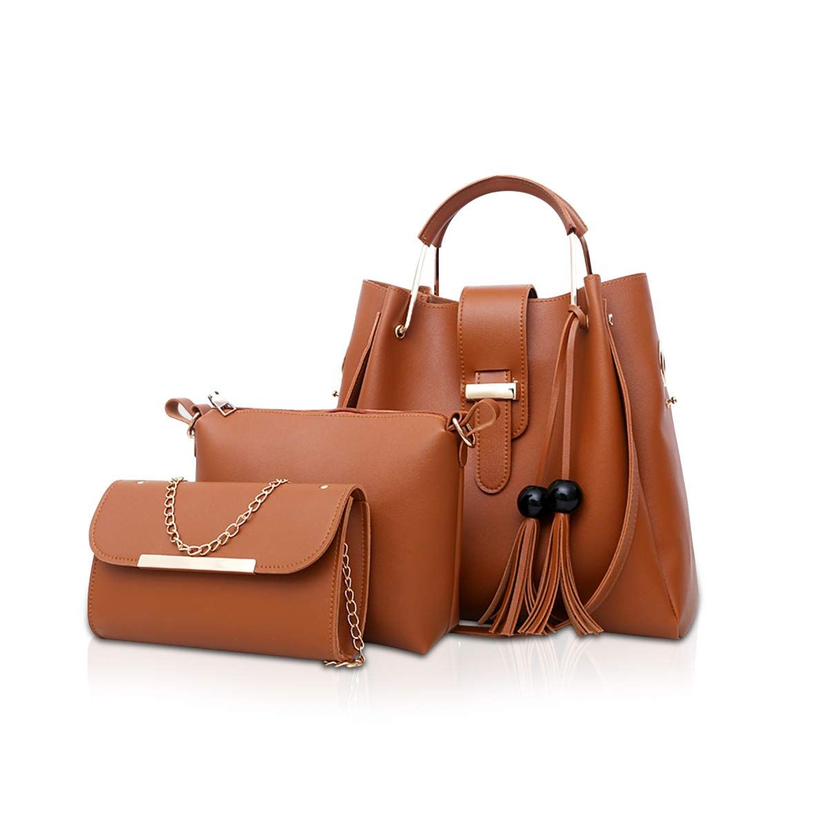 [NICOLE & DORIS] ハンドバッグ レディース タッセル付き ショルダーバッグ 3点セット化粧ポーチ 親子バッグ 3ピース かわいい プレゼント 防水 PUレザー 土色