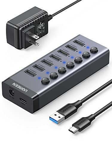 UGREEN USB ハブ 7ポート3.0 hub 5Gbps高速伝送 セルフパワー対応 DC12V/2A ACアダプタ付き 独立スイッチ付 C to Aケーブル 1m 7ポート拡張 HDD/USBメモリ//キーボード/マウス/USBファン/ 418a2f29