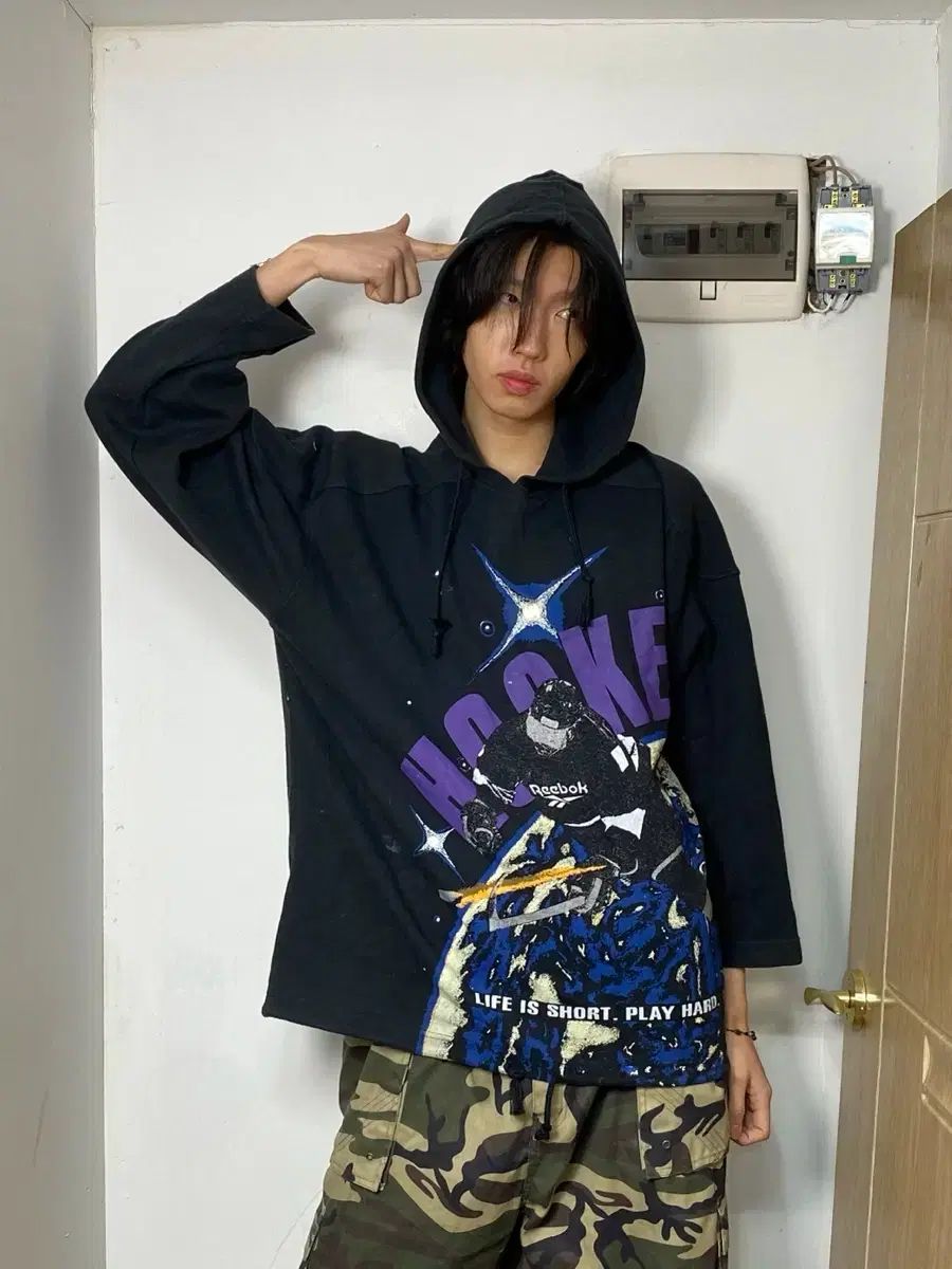 90s 韓国リーボック オールドスクール ホッケー プリンティング フーディー Tシャツ XL