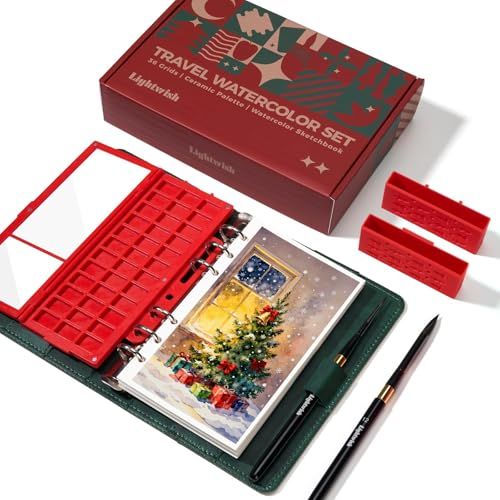 LIGHTWISH 水彩スケッチブックセット ルーズリーフ式 綿100% ホットプレス A7サイズ 17x10cm 36穴セラミックパレット & 旅行用水彩筆2本付き 屋外スケッチ用★ 2f3e2dcc