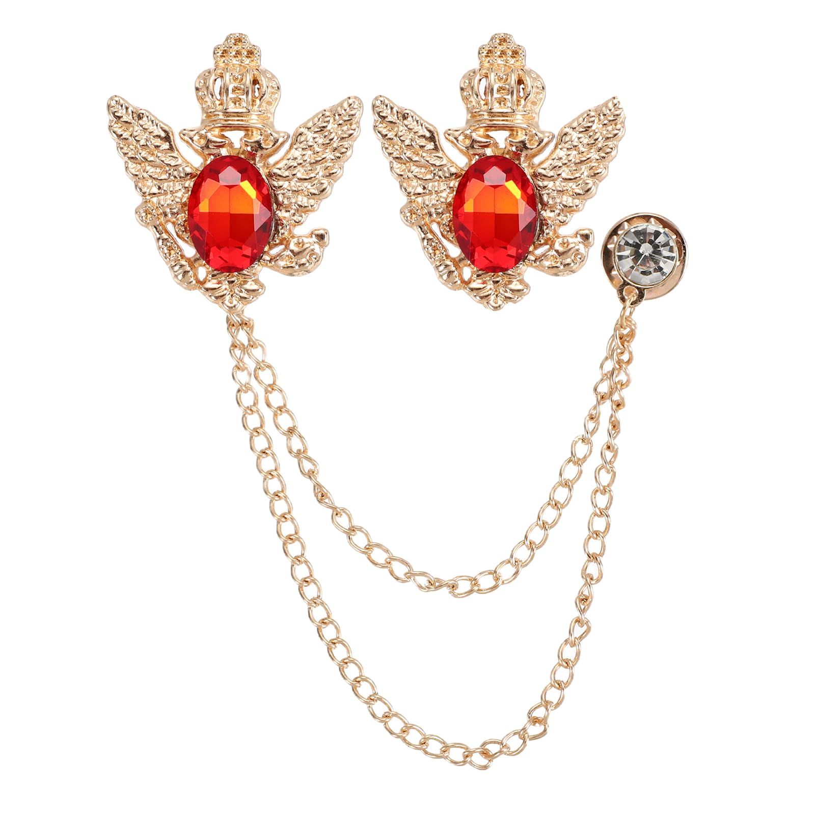 PATIKIL Vintage Crown Chain Brooch Pins Set of 2 Animal Tassel Gem Chain Brooch Pins Double Wing Rubble Suit Pins for Women Men Clothes Shirts Dresses Coats Red