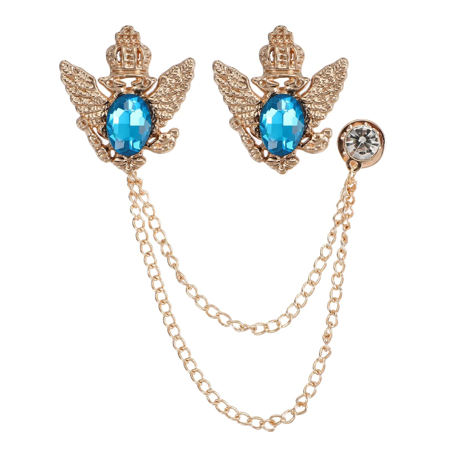 PATIKIL Vintage Crown Chain Brooch Pins Set of 2 Animal Tassel Gem Chain Brooch Pins Double Wing Rubble Suit Pins for Women Men Clothes Shirts Dresses Coats Lake Blue